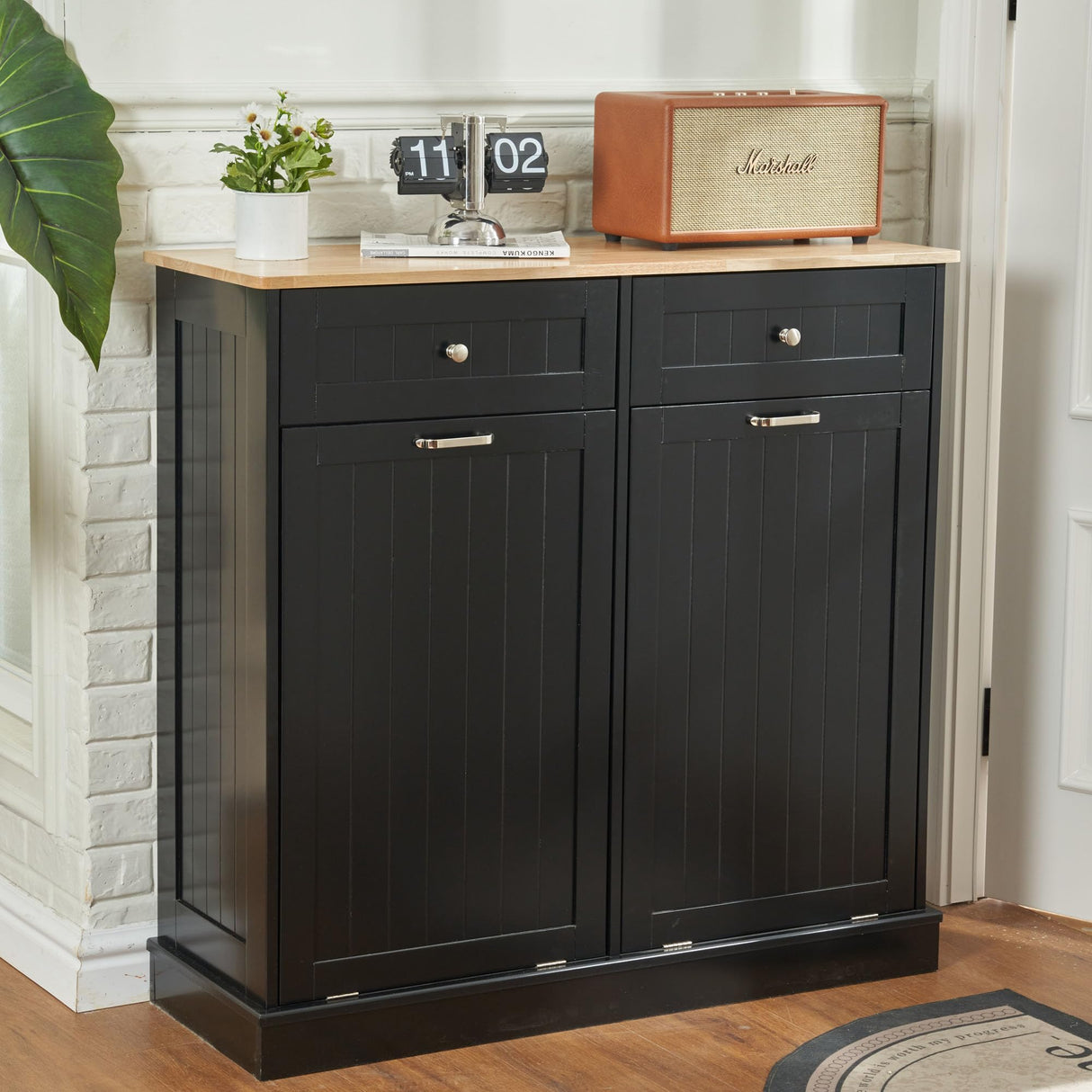 AHB Double Tilt Out Trash Cabinet Kitchen Trash Bin Cabinet 2x13 Gallons Free Standing Recycling Trash Can Cabinet with Hideaway Drawers Pet Proof Trash Can Holder for Kitchen Living Room, Black AHB