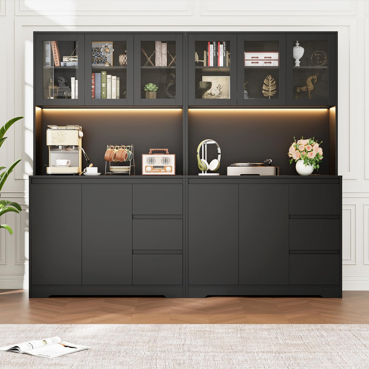 Finetones 71" Modern Black Kitchen Pantry Cabinet with LED Lights and Charging Station finetones