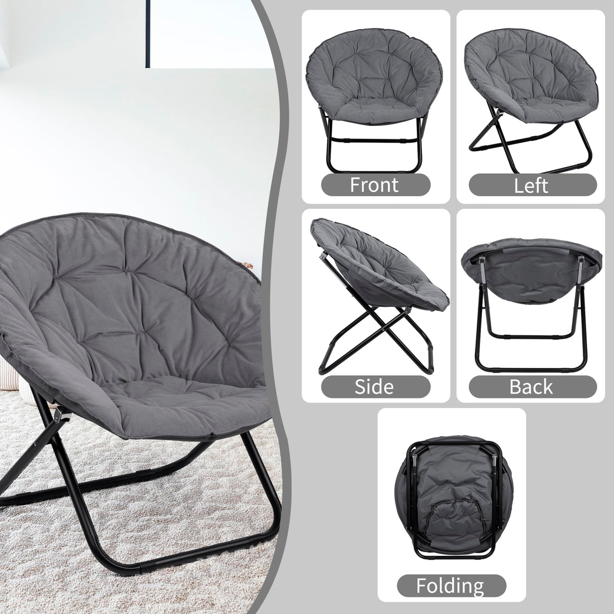 Folding Faux Fur Saucer Chair,Portable Folding Soft Moon Chair for Bedroom, Dorm Rooms, Apartments, Lounging, Garden and Courtyard, Grey Grezone