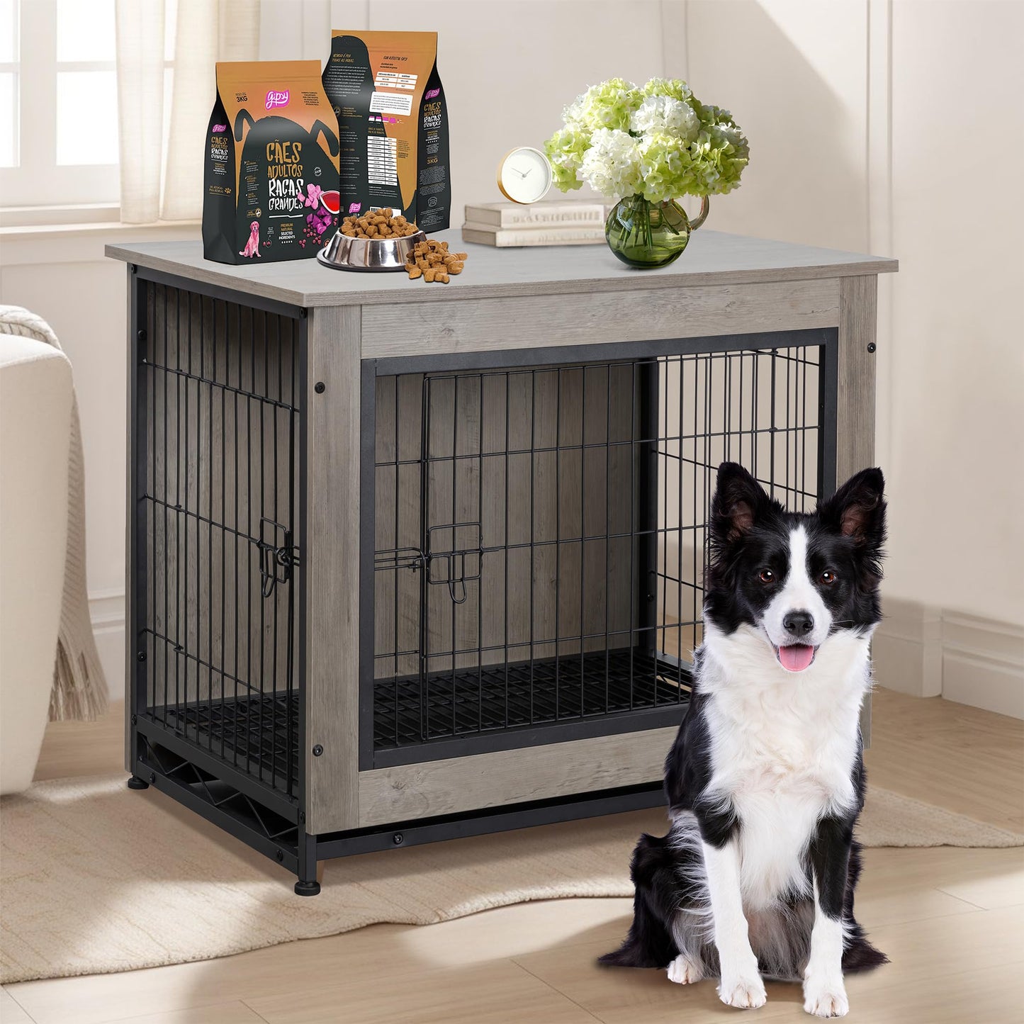 Shintenchi Wooden Dog Crate Furniture for Large Dog, L Double-Door Kennel Indoor with Removable Tray, End Table L Dog Crate for Decoration, 38" L*25" W*26" H, Grey