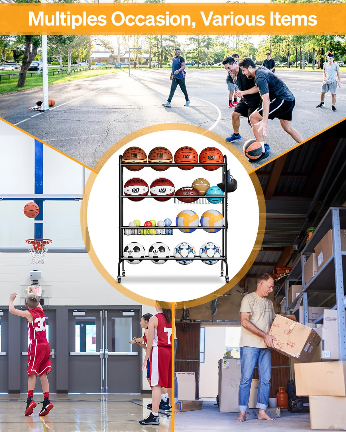 EXTCCT Basketball Rack, Outdoor Rolling Basketball Shooting Training Stand,Sports Equipment Storage with Wheels, Garage Four-Layer Ball Holder with Two Basket for Basketballs Footballs Volleyball EXTCCT