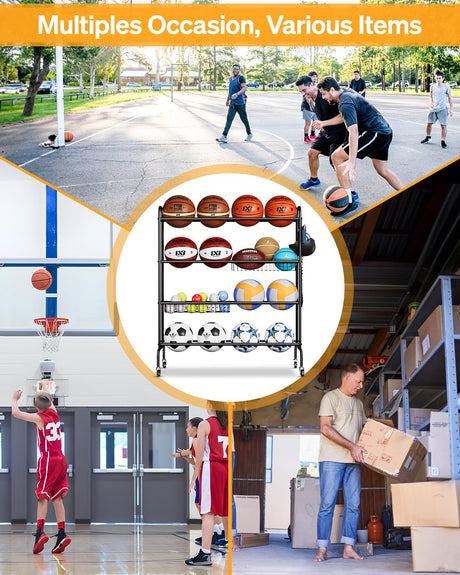 EXTCCT Basketball Rack, Outdoor Rolling Basketball Shooting Training Stand,Sports Equipment Storage with Wheels, Garage Four-Layer Ball Holder with Two Basket for Basketballs Footballs Volleyball EXTCCT
