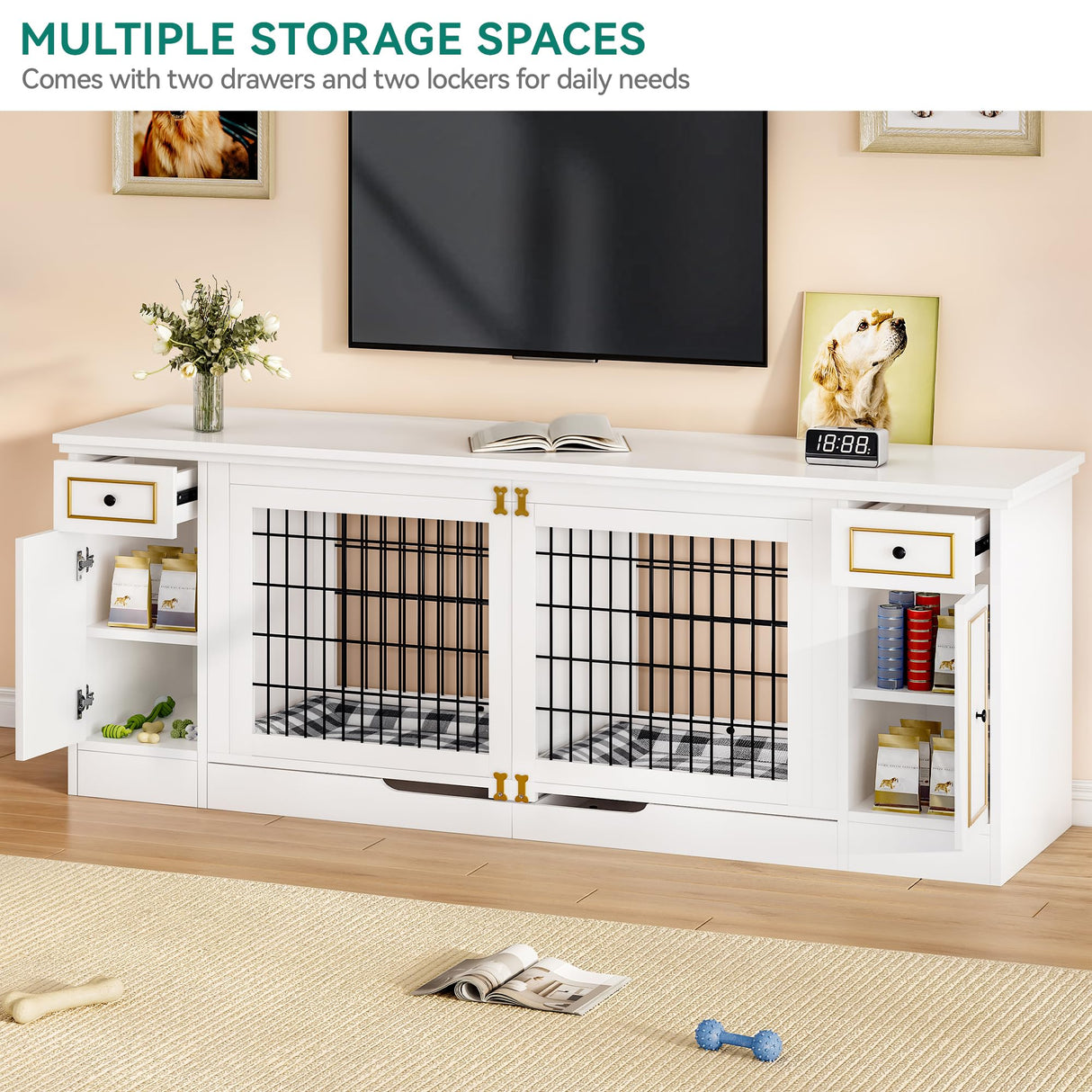 YITAHOME Double Dog Kennel Furniture with Tray, 79" Dog Crate Table with Storage for 2 Small/Medium Dogs, Indoor Wooden Dog House TV Stand, White YITAHOME