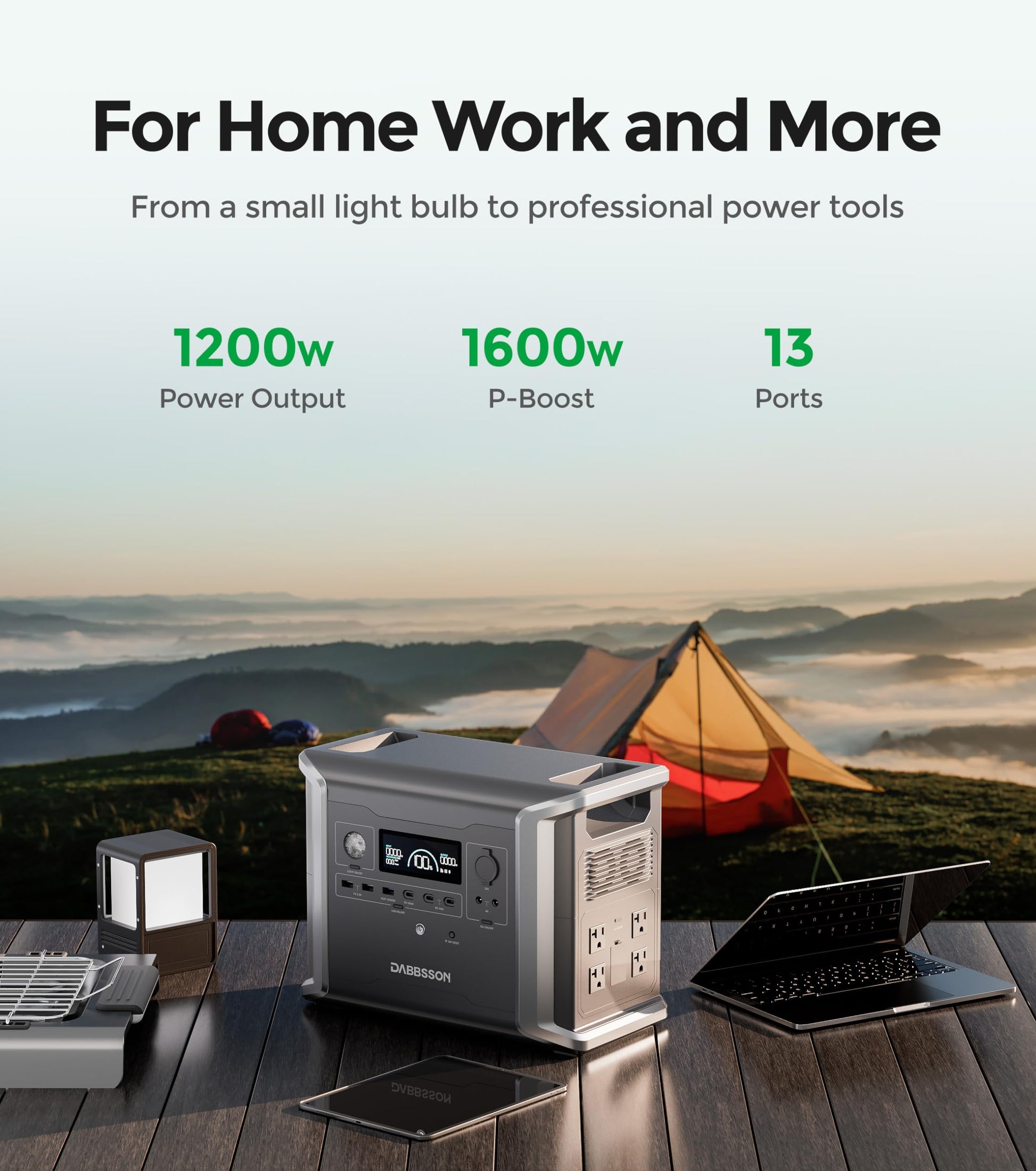 Dabbsson Portable Power Station DBS1300, 1330Wh Solar Generator with 4x1200W AC Outlets, EV Semi-Solid State LiFePO4 Battery, Solar Powered Generator for Camping, Home Backup, Emergency, RV - WoodArtSupply