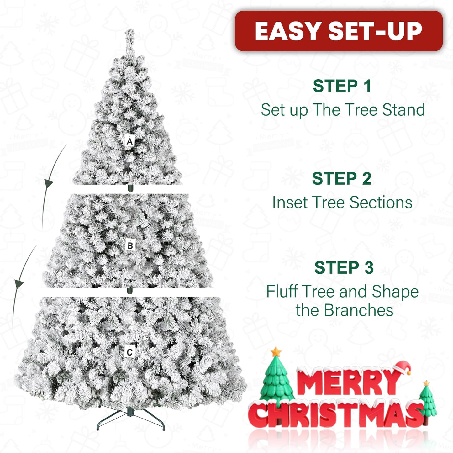 VIVATREES 6ft Prelit Snow Flocked Christmas Tree with 250 Warm White Lights, Artificial Holiday Xmas Tree with 551 PVC Branch Tips, Easy Assembly w/Metal Stand and Hinged Branches, 10 Color Modes