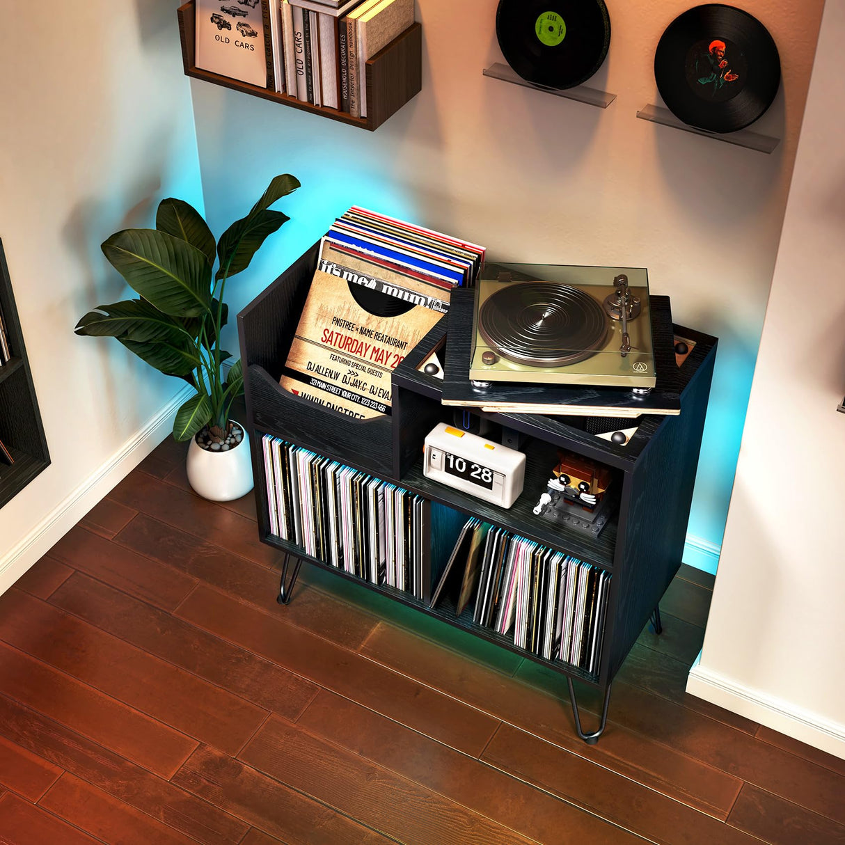 TC-HOMENY Record Player Stand with Vibration-Isolated Turntable Design, Vinyl Record Storage Table with Charging Station, Mid-Century Modern Turntable Stand (Black) TC-HOMENY