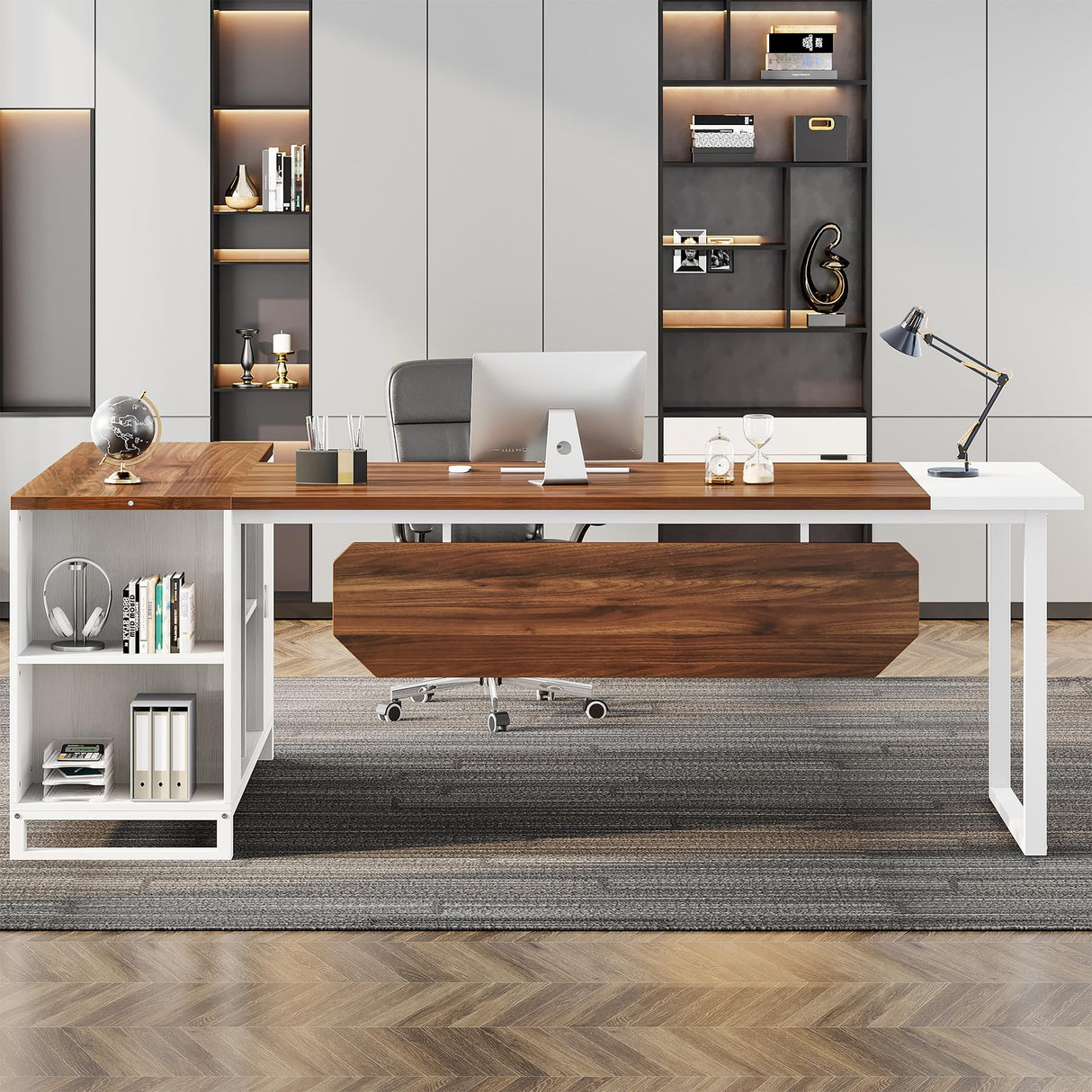 Tribesigns 70.8" L-Shaped Executive Desk with 55" File Cabinet, Large Home Office Computer Desk with Storage Shelves and Cabinet, Modern Business Furniture Set Home Office, Walnut White Tribesigns