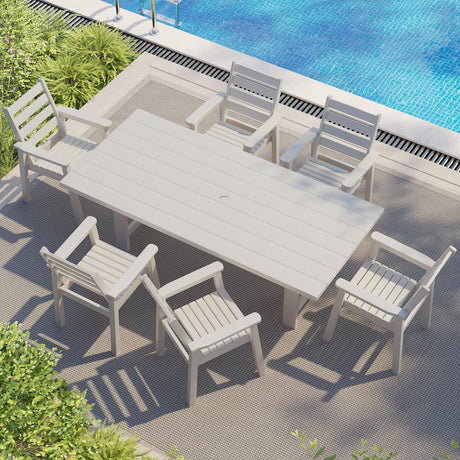 AMERLIFE 7-Piece HDPE Outdoor Dining Table Set with 6 Chairs, 71" L Patio Dining Furniture Set with Umbrella Hole, Modern Dinner Table & Chairs Set for Garden, Backyard, Poolside, White AMERLIFE