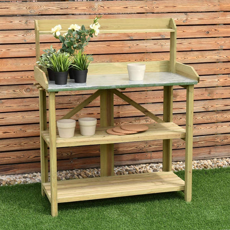 OFFICEJOY Potting Bench, Outdoor Garden Work Station Table w/Galvanized Tabletop, 2 Lower Shelf, 3 Wood Hooks, Plant Flower Pot Workstation Bench Table for Backyard, Balcony, Patio, Yard (Light Oak) OFFICEJOY