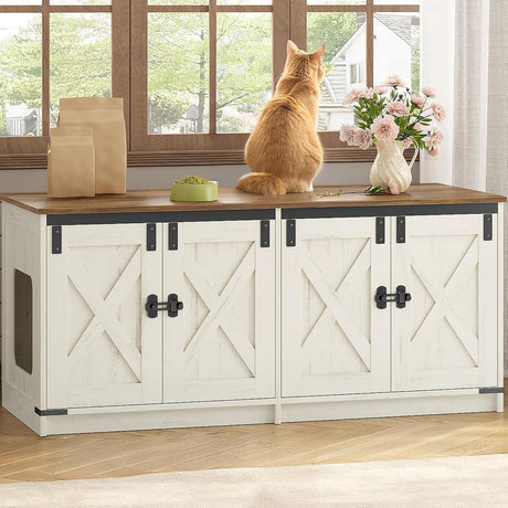 Hzuaneri Cat Litter Box Enclosure for 2 Cats, Hidden Litter Box Furniture Cabinet with Double Room, Indoor Cat House, Farmhouse Style, 46.7 x 18.9 x 21.1 Inches, Rustic Brown and White CB85314X Hzuaneri