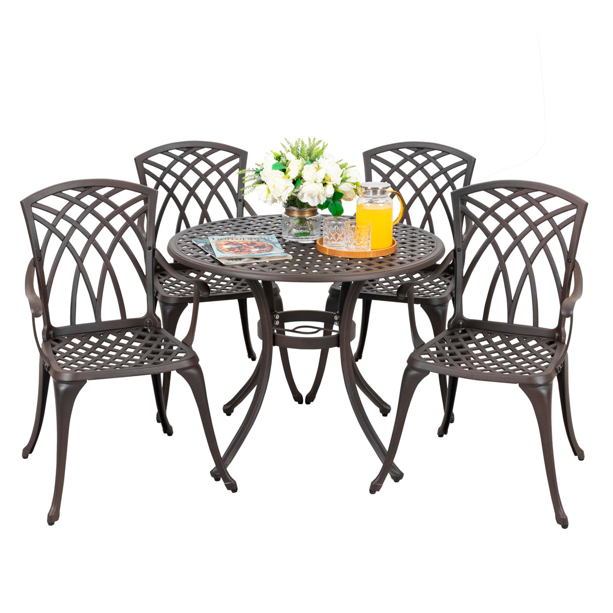 NUU GARDEN 5 Piece Patio Dining Set, 33" Round Cast Aluminum Dining Table with 1.97" Umbrella Hole and 4 Patio Dining Chairs for Backyard, Patio, Garden, Balcony, Brown with Gold Point NUU GARDEN