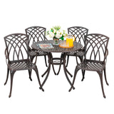 NUU GARDEN 5 Piece Patio Dining Set, 33" Round Cast Aluminum Dining Table with 1.97" Umbrella Hole and 4 Patio Dining Chairs for Backyard, Patio, Garden, Balcony, Brown with Gold Point NUU GARDEN