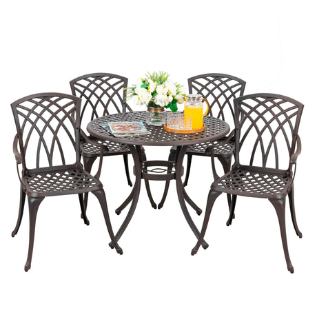 NUU GARDEN 5 Piece Patio Dining Set, 33" Round Cast Aluminum Dining Table with 1.97" Umbrella Hole and 4 Patio Dining Chairs for Backyard, Patio, Garden, Balcony, Brown with Gold Point NUU GARDEN