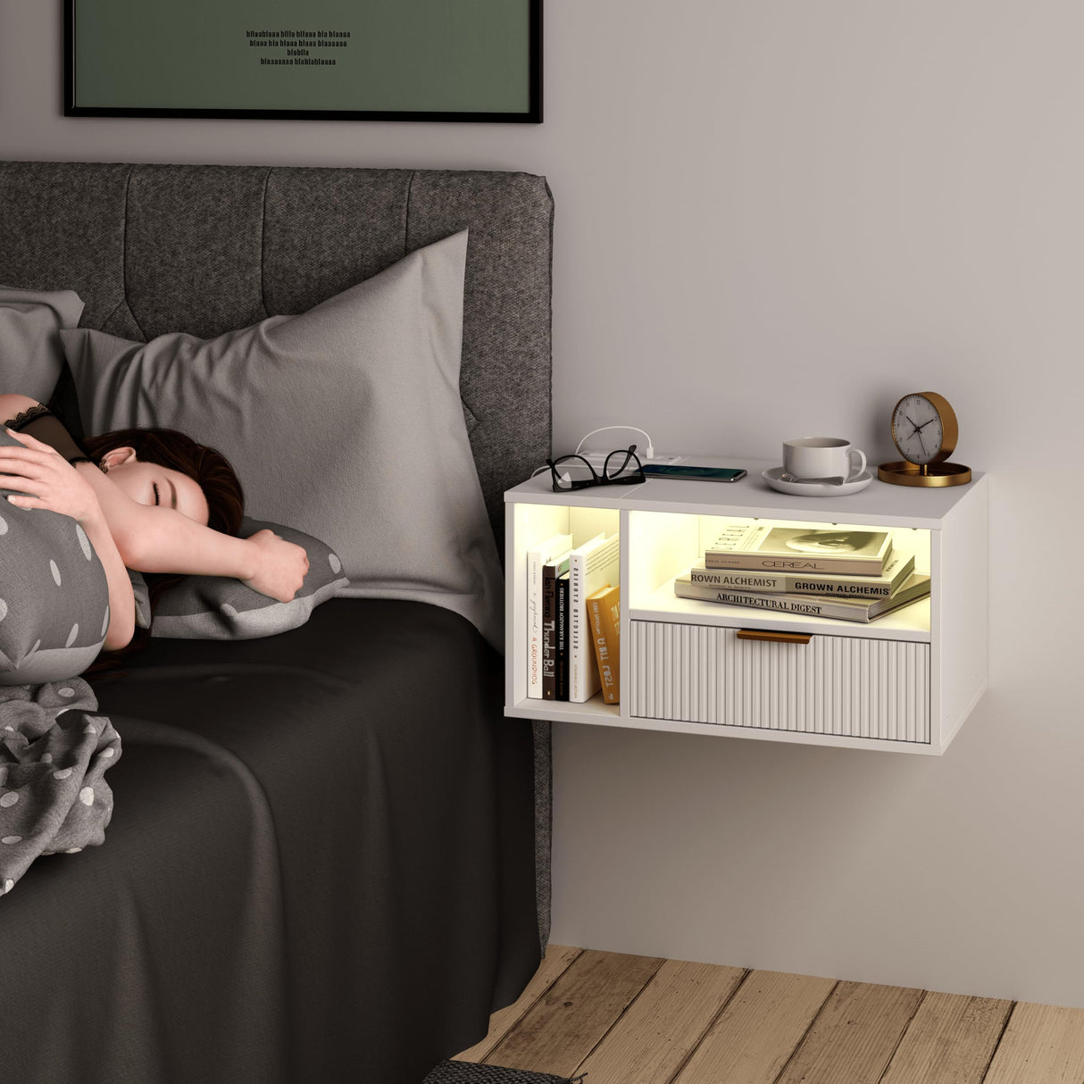 Veegle White Floating Nightstand with Charging Station and LED Lights,White Veegle