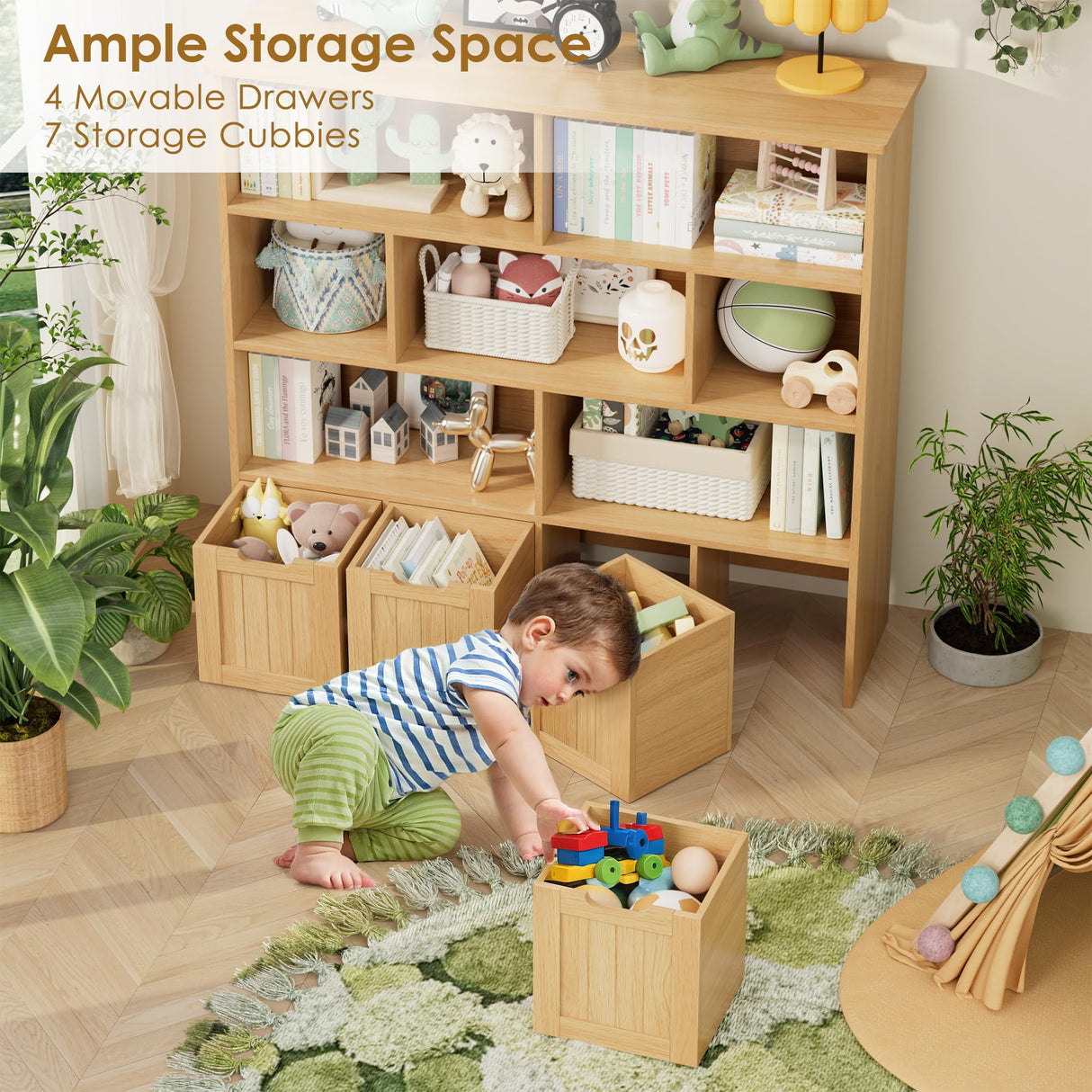 FINETONES Toy Storage Organizer, Large Toy Organizers and Storage with 4 Movable Drawers and 7 Storage Cubbies, Toy Chest Shelf Kids Bookshelf with Hidden Wheels, Natural FINETONES