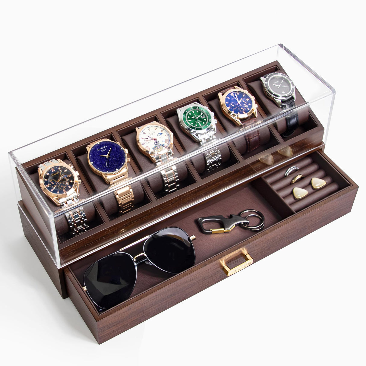 KAMIER High End Wooden Watch Box with 6 Slots & Glass Lid - 2-Layer Jewelry Organizer for Men - Watch Display Case, Ideal Business Gift for Watch Enthusiasts （with Gift Box）, Walnut KAMIER