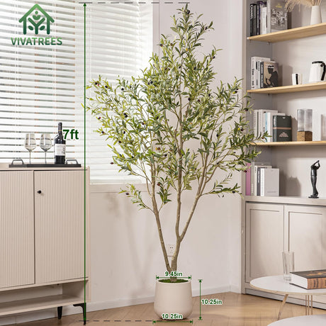 VIVATREES Olive Trees Artificial Indoor, 7FT Tall Faux Olive Tree with White Tall Planter, Artificial Plants with Natural Wood Trunk and Lifelike Fruits for Home Office Decor VIVATREES