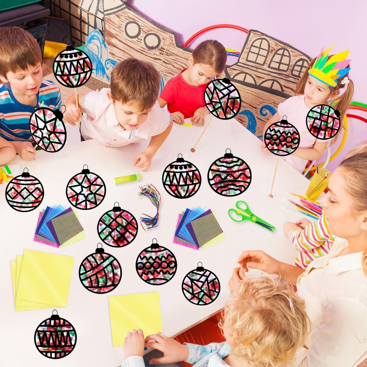 EggSun 36 Sets Christmas Balls Suncatchers Craft Kit for Kids Ornaments Stained Glass Christmas Window Arts and Crafts Kit for Classroom Holiday Projects Home Party Favors Decorations Ages 4 8 12 EggSun