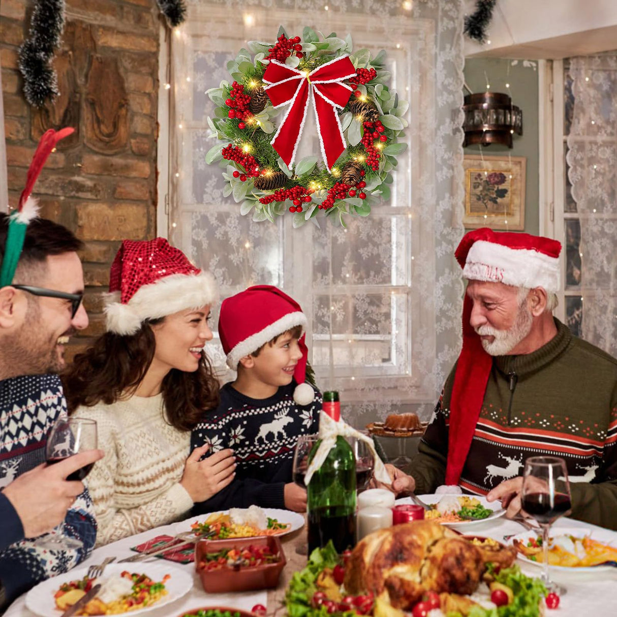 N&T NIETING 20 in Artificial Christmas Wreath for Front Door, Pre-lit Wreaths with Red Bow, Outdoor Christmas Wreaths with Lights Wreath Decorations for Kitchen Wall Home Holiday Xmas Decor N&T NIETING