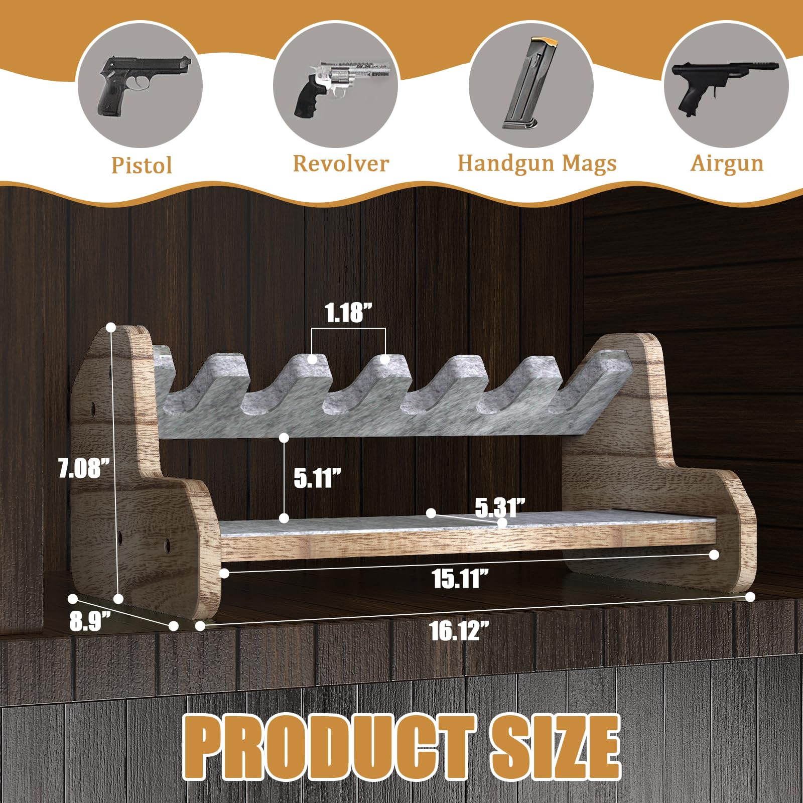 Aoanoko Pistol Rack for Gun Safe, Handgun Rack with Non Slip Carpeted Surface, Pure Wood Made Pistol Stand for Gun Cabinet Storage Pistol Storage, 6 Slots Pistol Stand - WoodArtSupply