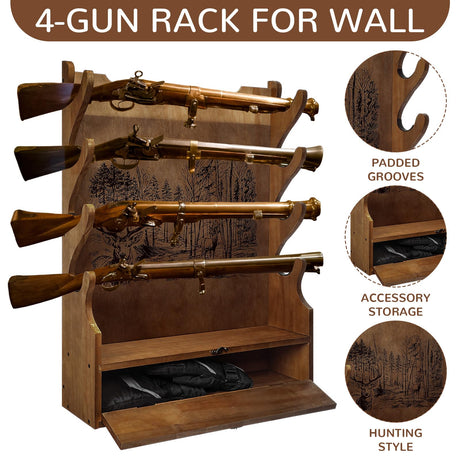 Yuntau Four Gun Wooden Gun Display Rack with Cabinet Storage Compartment for Gun Accessories Gun Rack for Wall Gun Wall Mount Wall Gun Racks for Rifle Home Gun Racks with Soft Pad Deer Pattern Yuntau
