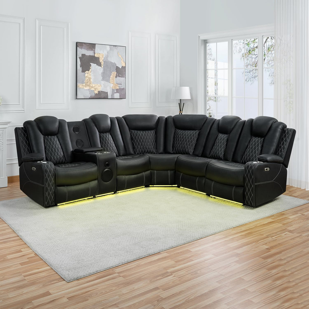 Naomi Home Chicago Luxury DIY Theater Sofa Set – Power Reclining Home Theater Seating with Adjustable Headrests, LED Lights, Bluetooth Speaker, Wireless Charging, USB & AUX Ports - Black Naomi Home