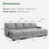 HONBAY Convertible Sectional Sofa Set with Storage Seat U Shaped Sectional Couch with Reversible Chaise Sleeper Sectional Couch Bed for Living Room, Light Grey HONBAY
