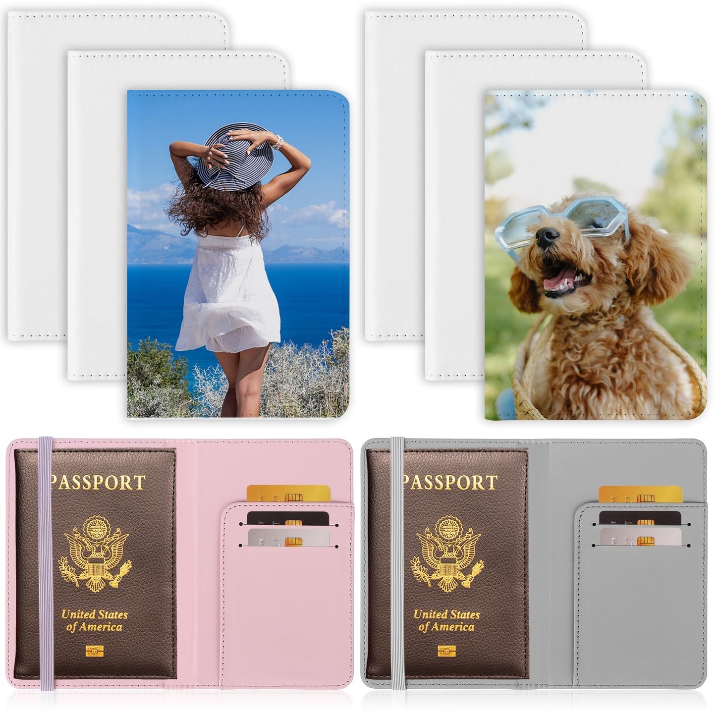 6 Pieces DIY Sublimation Passport Holder Covers, PU Leather Blank Heat Transfer Travel Passport Book Holder Wallet Cover for Passport, Business Cards, Credit Cards, Boarding Passes(Pink+Gray)