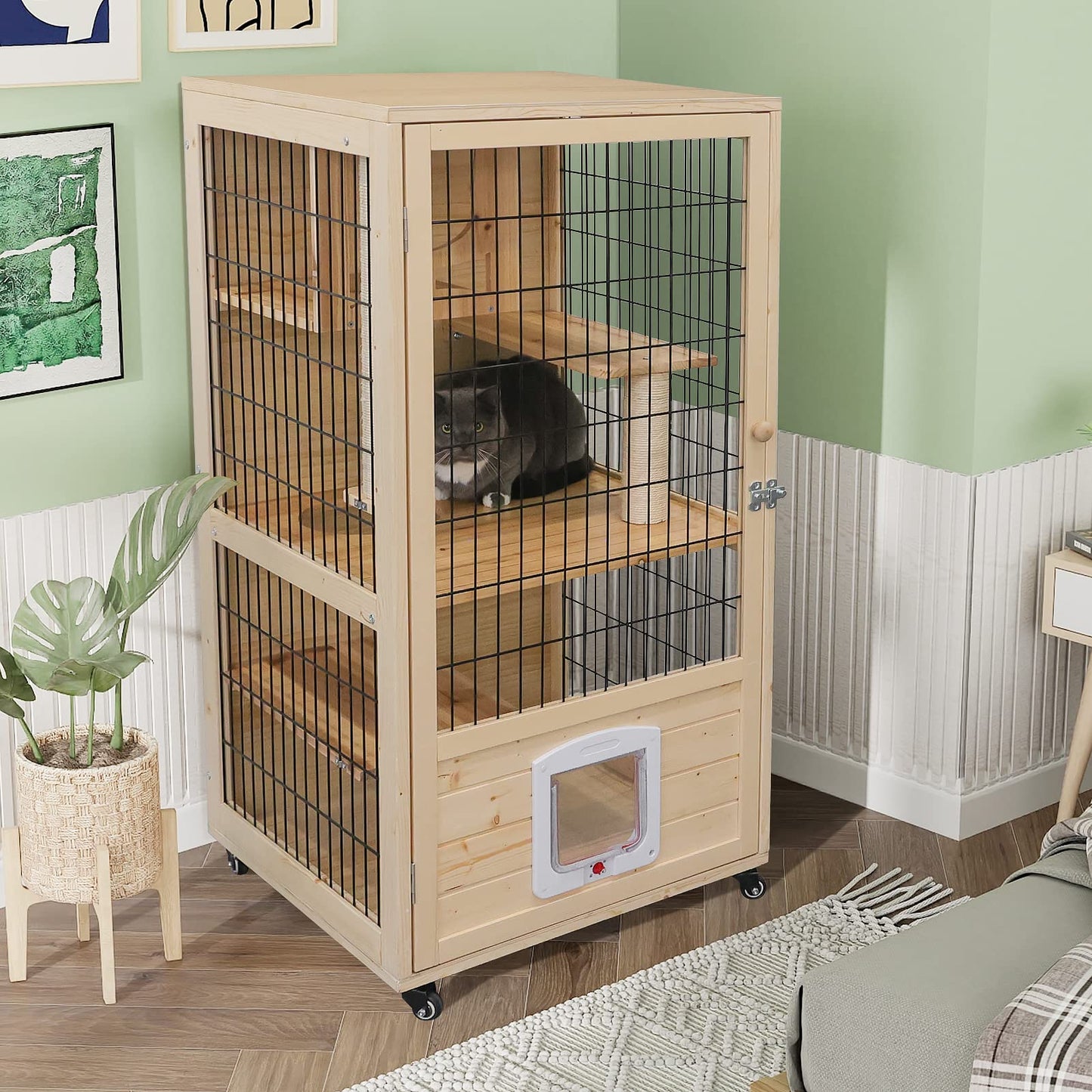 PANTAZO Wooden Cat House Large Space Cat Cage with Scratching Post and Lockable Wheels Double Layer Cat House with Escape Door Outdoor/Indoor (Medium) - WoodArtSupply