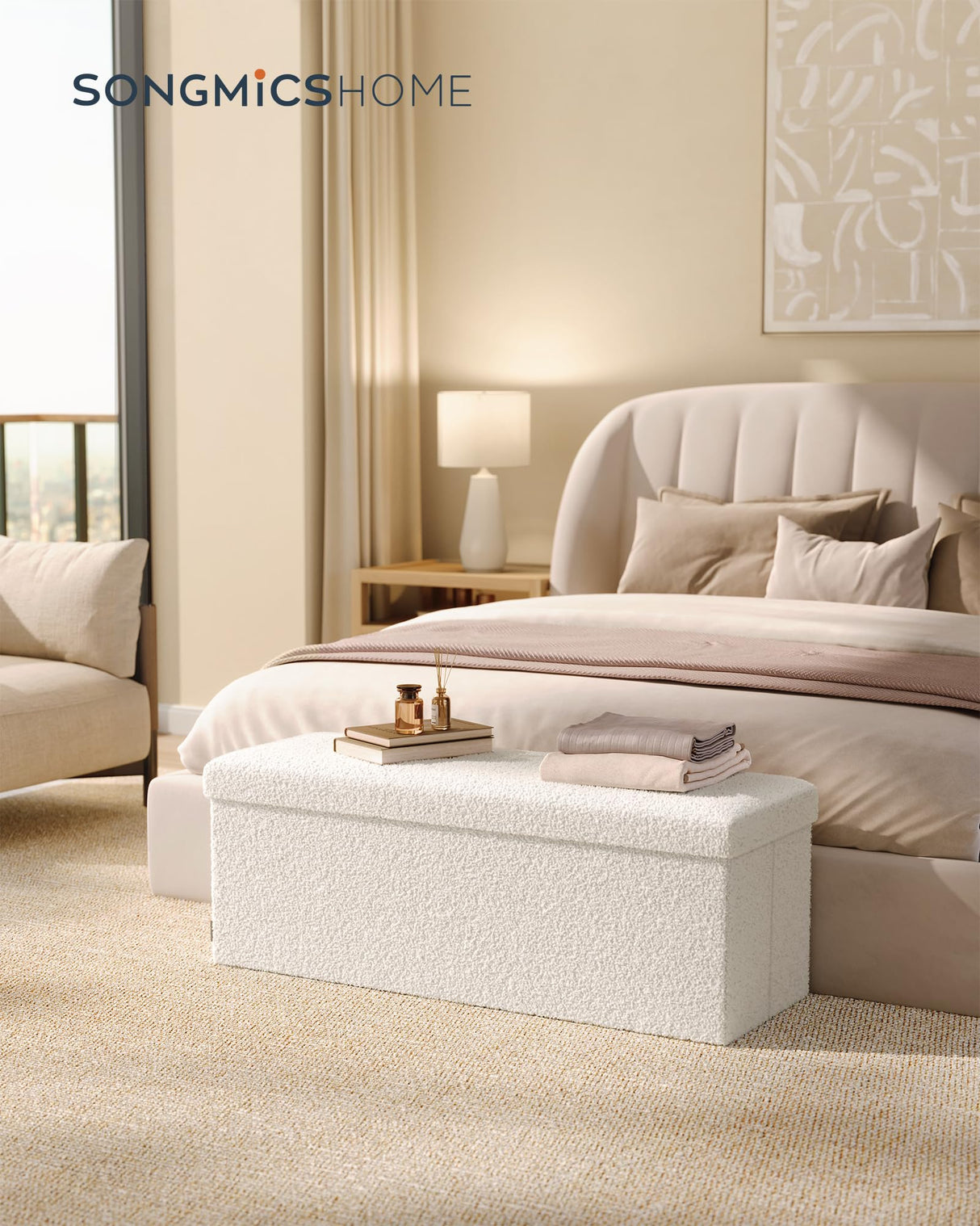SONGMICS HOME Storage Ottoman Bench, Storage Chest, 15 x 43 x 15 Inches, Foot Rest Stool, End of Bed Bench, Load up to 660 lb, for Living Room, Bedroom, Entryway, Cream White ULSF097W01 SONGMICS HOME