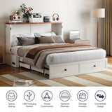 ijuicy Queen Murphy Bed with Storage & Multifunctional Charging Station, Farmhouse Murphy Cabinet Bed with Foldable Panel, Space-Saving Beds for Guest Bedroom, Living Room-White & Brown,with Mattress ijuicy