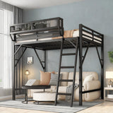 SOFTSEA Queen Size Loft Bed with Storage Shelf, Metal Loft Bed Frame with Ladder and Under-Bed Space for Adults Teens Kids, Space Saving, Heavy-Duty, Black SOFTSEA