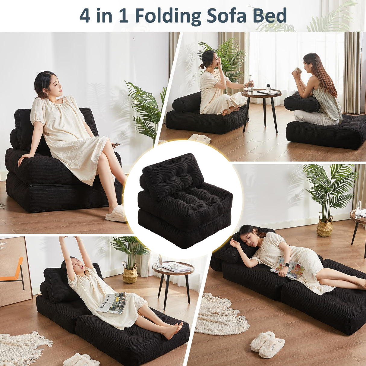 Afuson Folding Chair Bed, Futon Sofa Bed for Bedroom and Living Room, Convertible Floor Couch for Small Spaces, Black Afuson