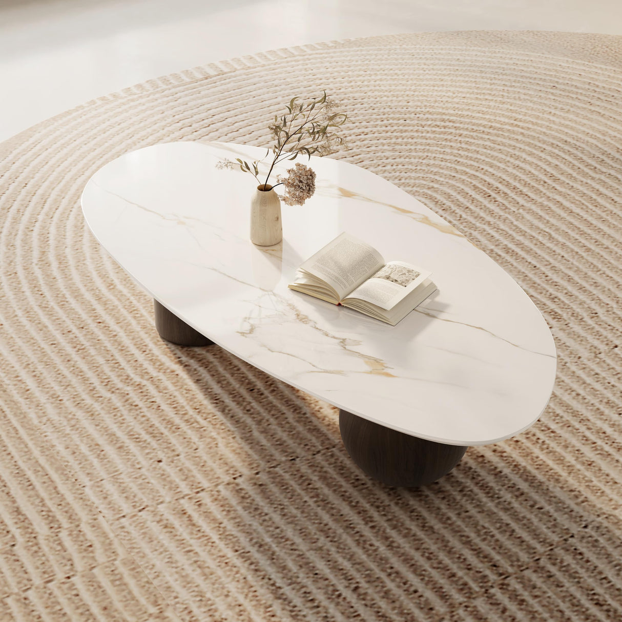 Modern Oval Coffee Table for Living Room, 54.33" Sintered Stone Cloud Coffee Tabletop with 3 Metal Legs, Minimalist Living Room Table Tea Table Center Table for Home Office FHKJ