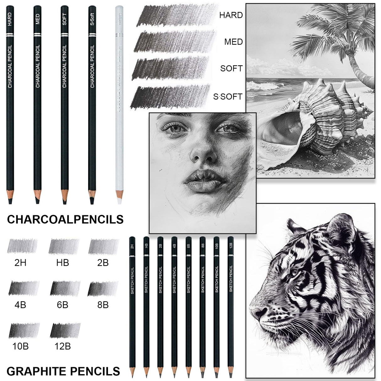 Charcoal Pencils for Drawing, Set of 22, Professional Drawing Sketch Pencils, Art Supplies for Sketching, Shading, Artist Charcoal Supplies for Beginners & Pro Artists. Aenir