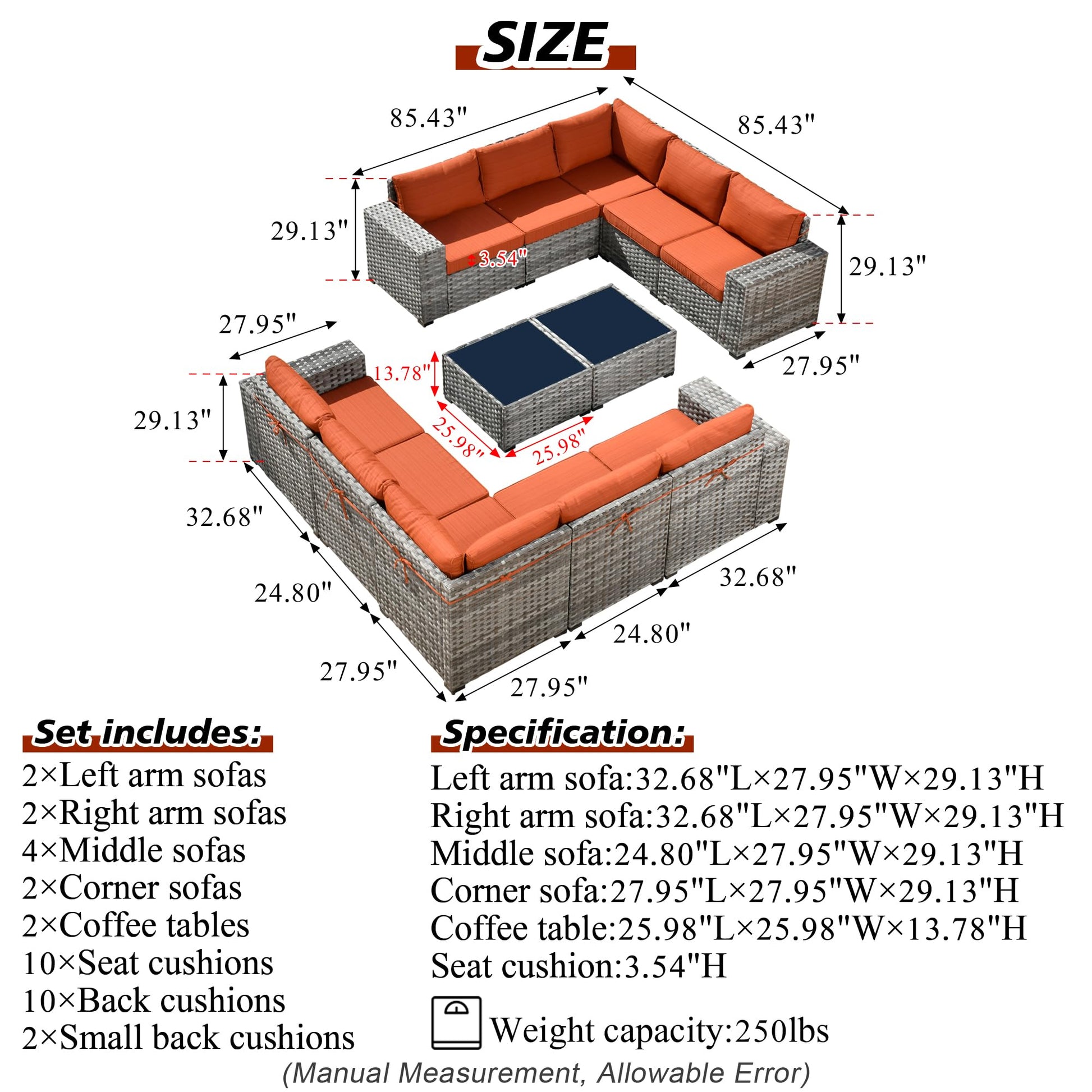 HOOOWOOO 12 Piece Modular Patio Outdoor Sectional Furniture Sofa Set,Wicker Conversation Set,Out Door Couch Set with Wide Arm for Outside All Weather(Orange Red) - WoodArtSupply