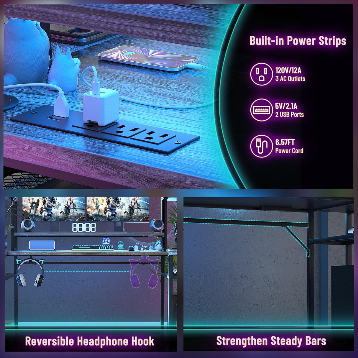 armocity L Shaped Gaming Desk with Hutch & Shelves, 47'' Gaming Computer Desk with LED Lights & Outlets, PC Gaming Desk with Storage & Monitor Stand, Grey Oak armocity