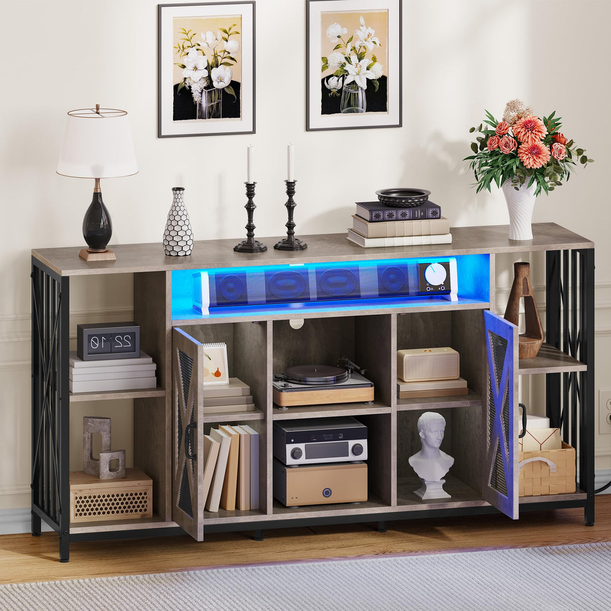 YITAHOME 33.5'' Tall TV Stands for Living Room, TV Entertainment Center with LED Light, TV Stand for TVs up to 70 Inch, Tall TV Console Cabinet with Power Outlets, Grey YITAHOME