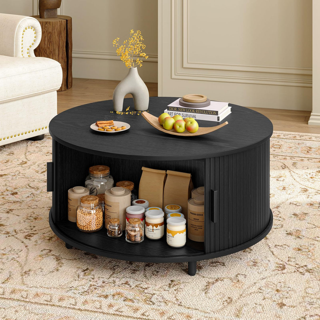 Lefurture 31.5 Inch Round Coffee Table, Mid-Century Modern Coffee Table wtih Storage, Accent Coffee Table with Adjustable Footpads, Center Table with Sliding Doors for Living Room (Black) Lefurture