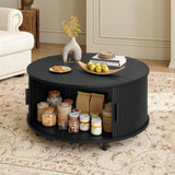 Lefurture 31.5 Inch Round Coffee Table, Mid-Century Modern Coffee Table wtih Storage, Accent Coffee Table with Adjustable Footpads, Center Table with Sliding Doors for Living Room (Black) Lefurture