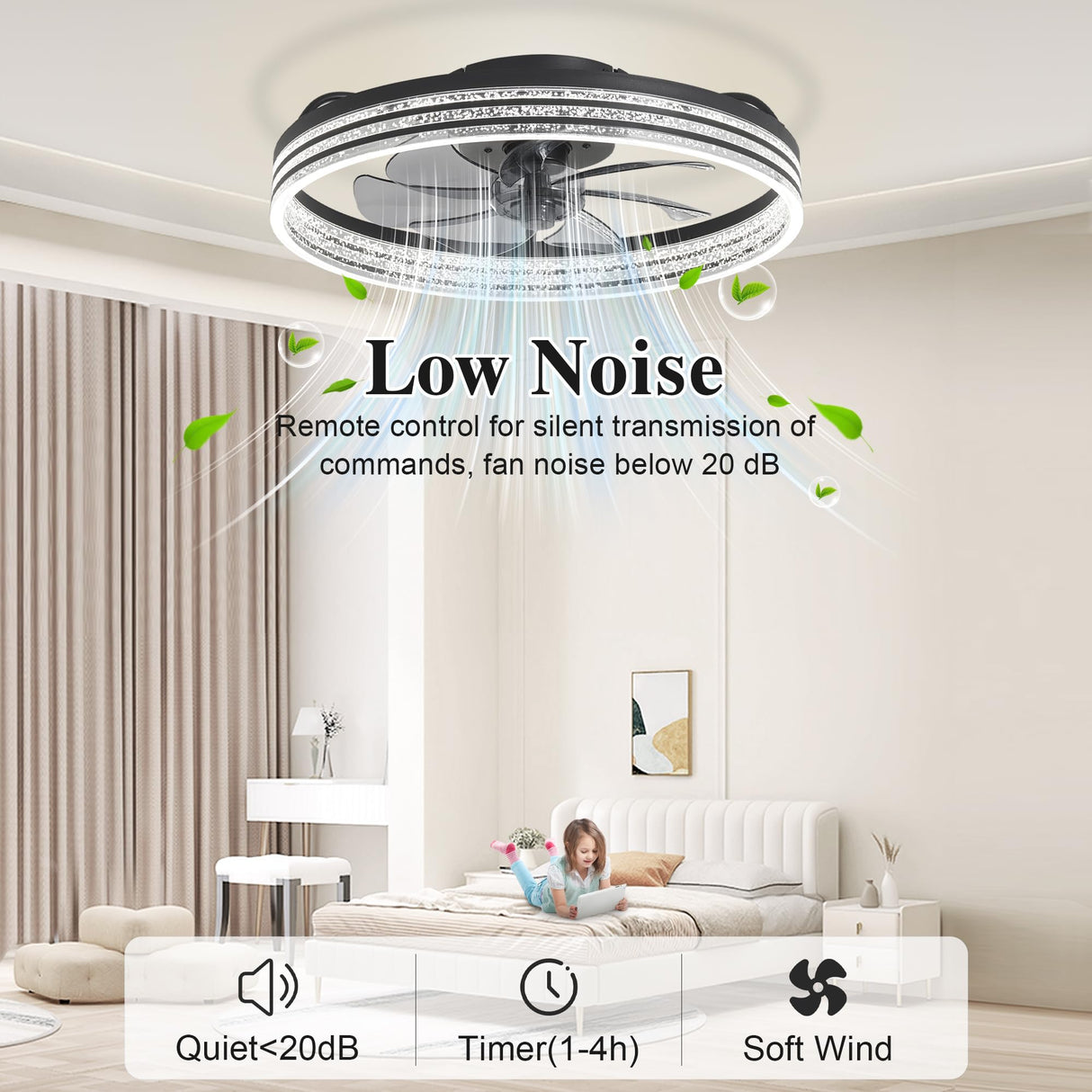 DIAMONDFORGE Smart Ceiling Fans with Lights Remote - WiFi Alexa 20'' Flush Mount Low Profile Modern Ceiling Fans for Bedroom -Stepless Color Temperature and 6 Speeds - Crystal Stripe DIAMONDFORGE