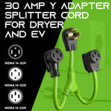 GEARit 30 Amp Dryer Y Splitter to RV/EV (NEMA 14-30P Male Plug to 14-30R / 14-50R Female Receptacle) 4-Prong Adapter Cord - 2.2 Feet GearIT