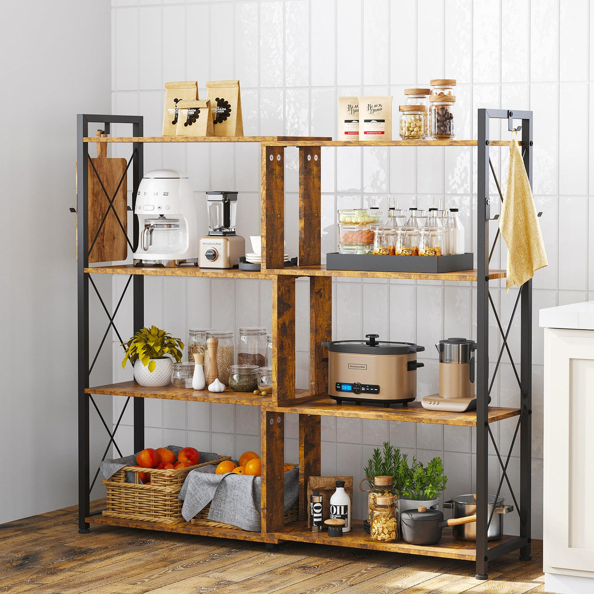 EDWINENE 4 Tier Corner Bookshelf, Industrial l Shaped Bookshelf with Metal Frame, Tall Corner Shelf Stand with 2 Hooks for Living Room, Bedroom, Home Office, Rustic Brown EDWINENE