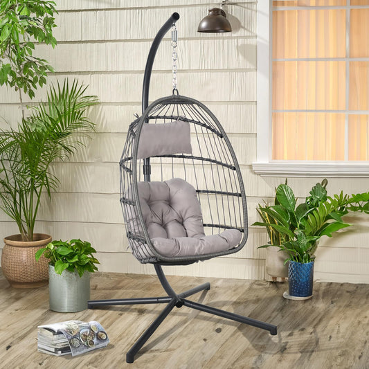 Yangming Hanging Egg Chair with Stand and Weather Cover, Indoor/Outdoor Foldable Wicker Rattan Swing Hammock Seat with Cushion Headrest, 350lbs Capacity for Bedroom, Patio, Porch - Ideal Xmas Gift