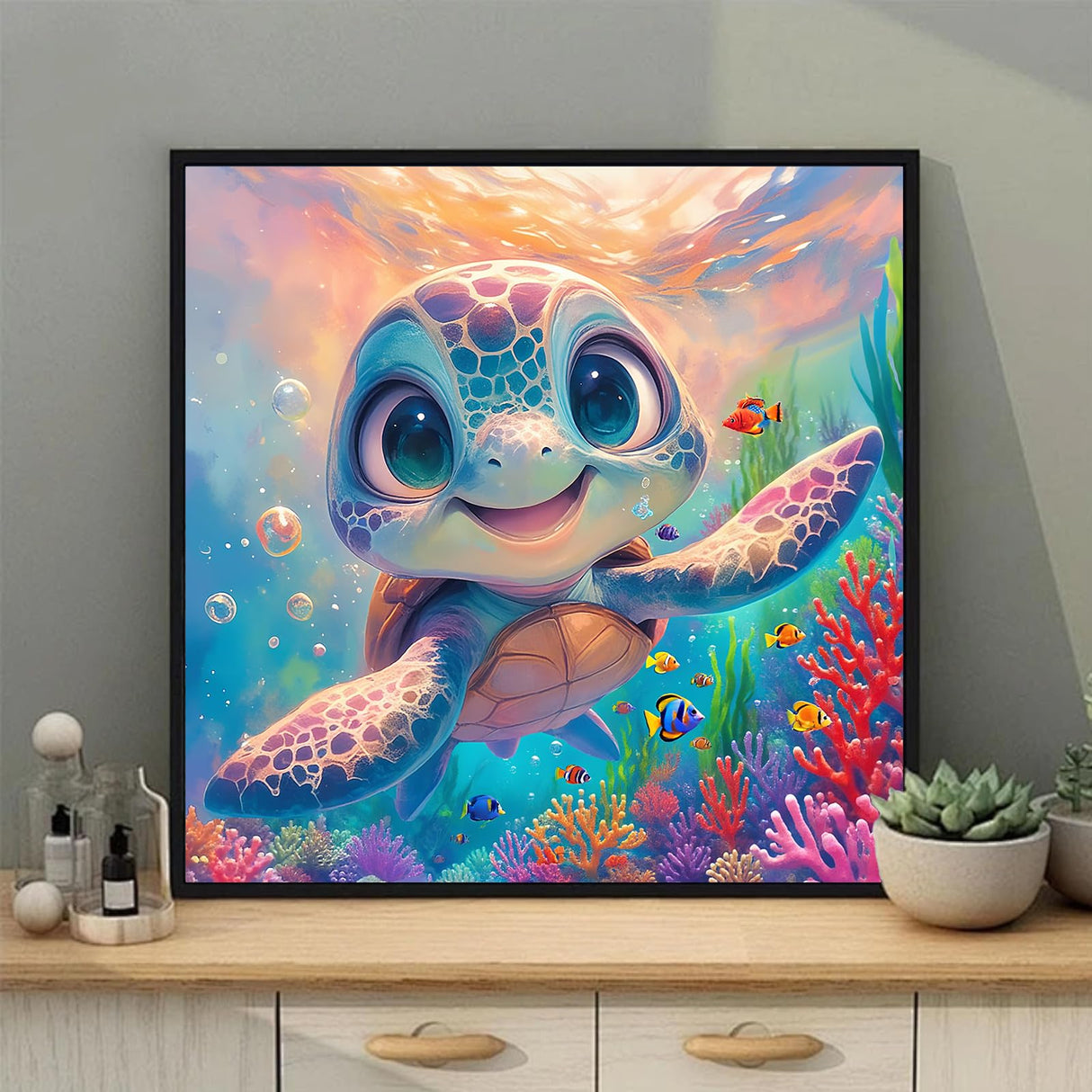 xcemhil Sea Turtle Paint by Numbers Kit for Kids with Wooden Easel Frame, Kid Paint by Number Kits, Turtle Paint by Numbers for Kids Age 5-12 for Gifts and Home Decor 8x8in xcemhil