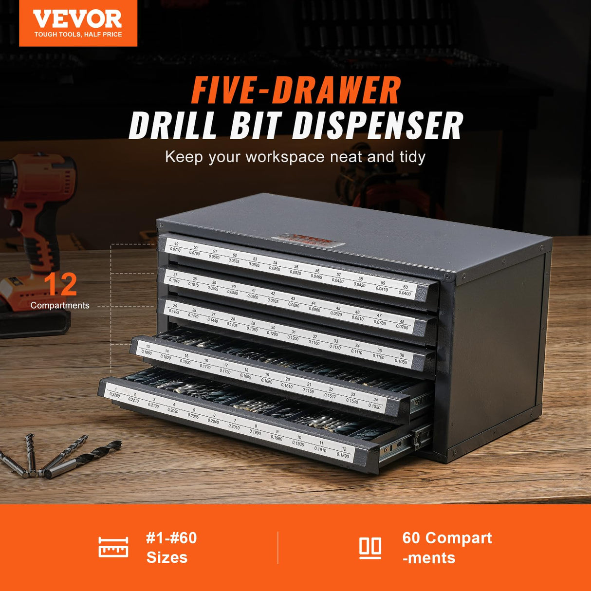 VEVOR Drill Bit Dispenser Cabinet, Five-Drawer Drill Bit Dispenser, 60-Compartment Drill Bit Organizer Cabinet, Drill Dispenser Organizer Cabinet Holder for Jobber Length Wire Gauge Sizes 1 to 60 VEVOR