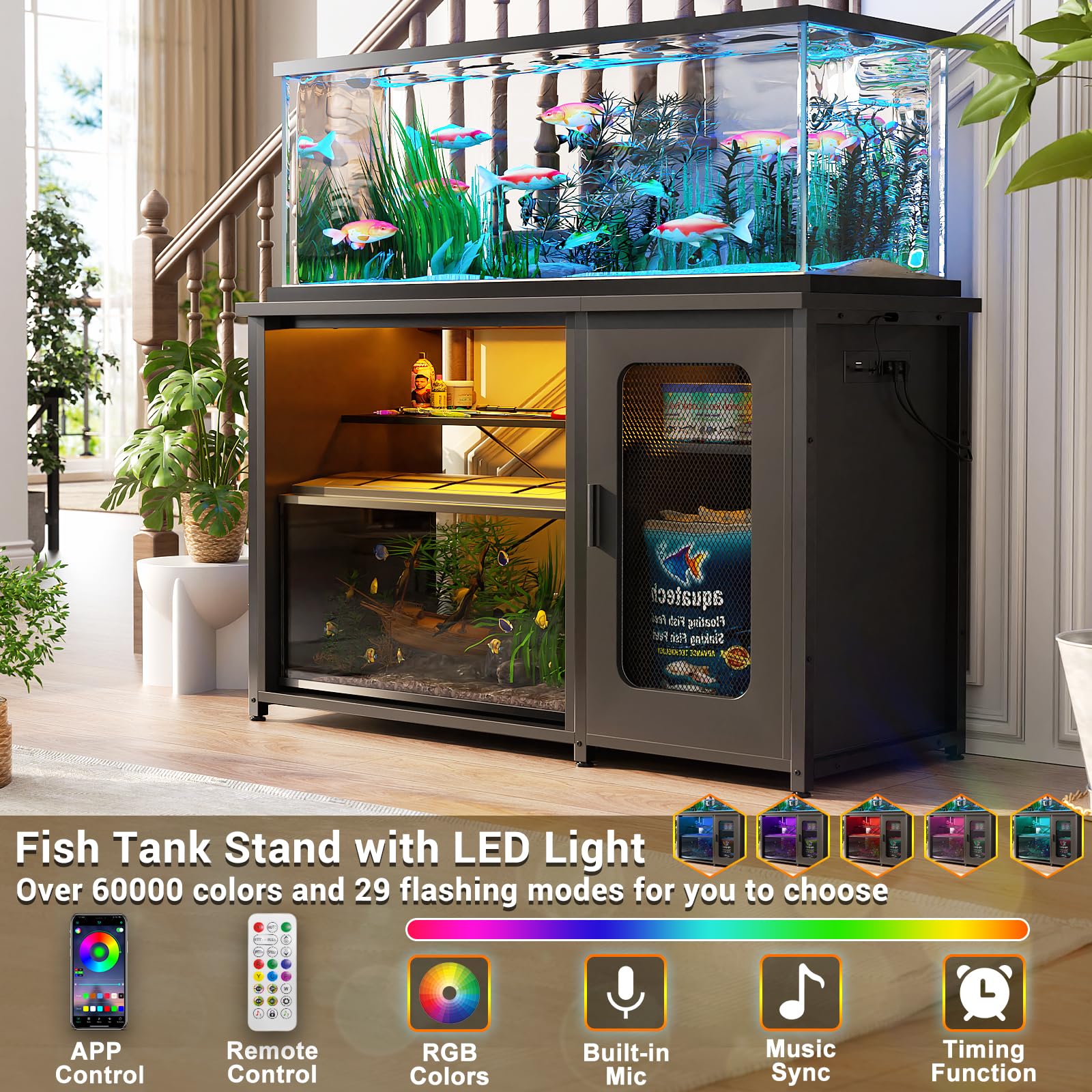 Unikito 55-75 Gallon Aquarium Stand with Power Outlets & LED Light, Reversible Fish Tank Stand with Cabinet for Fish Tank Accessories Storage, Heavy Duty Metal Frame, 880LBS Capacity, Black - WoodArtSupply