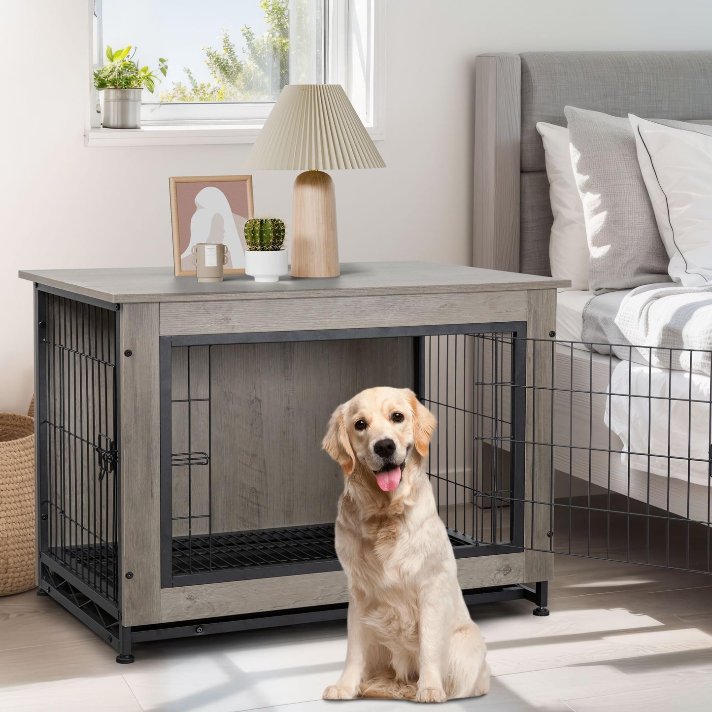 JY QAQA Dog Crate Furniture, Wooden Dog Crate Table, Double-Doors Dog Furniture, Indoor Dog Kennel, Dog House, Dog Cage/Grey/XL - WoodArtSupply