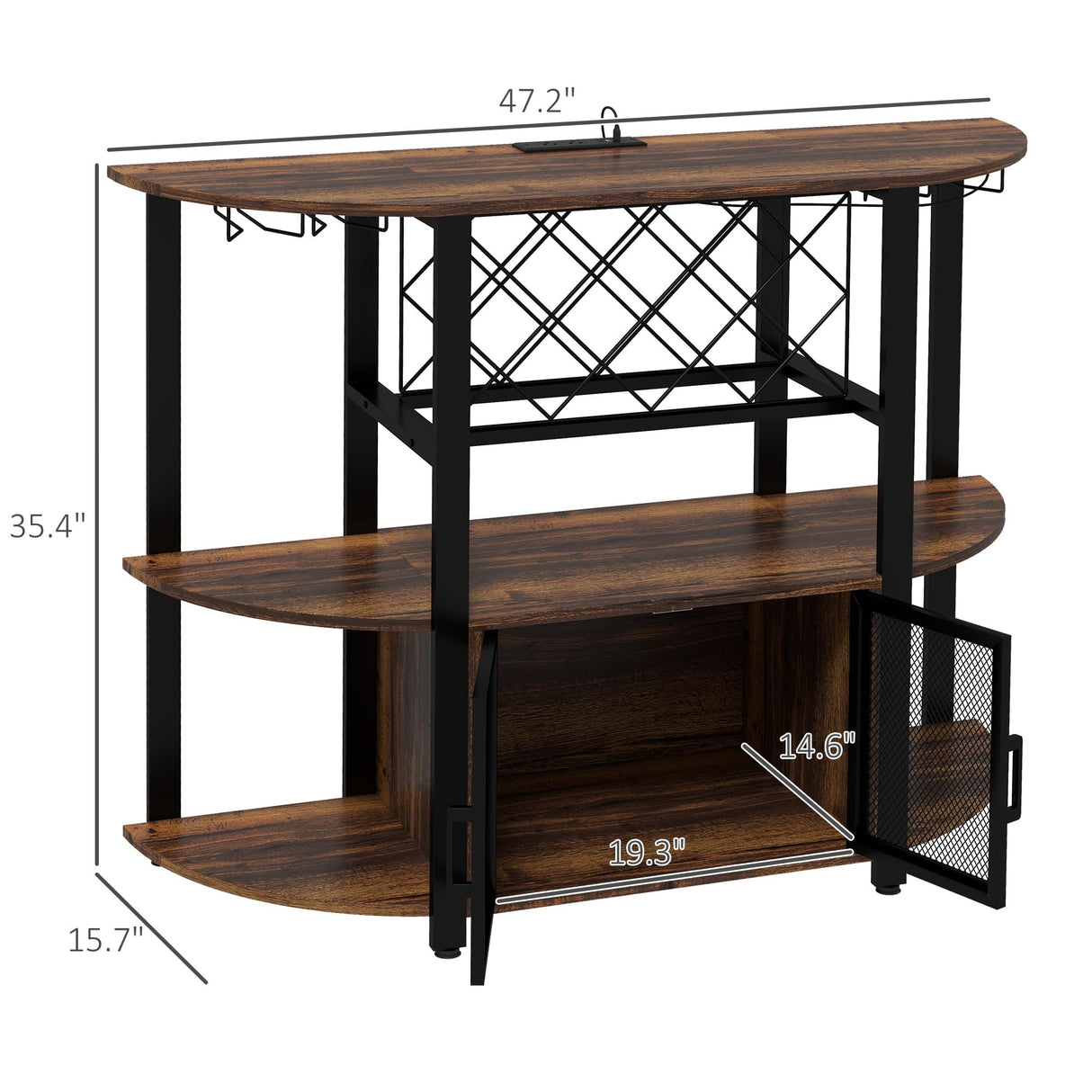 HOMCOM Wine Bar Cabinet with Charging Station and LED Lights, Industrial Liquor Cabinet Bar Stand for Home with 10-Bottle Wine Rack, Glass Holders, Mesh Doors, and Open Shelves, Rustic Brown HOMCOM