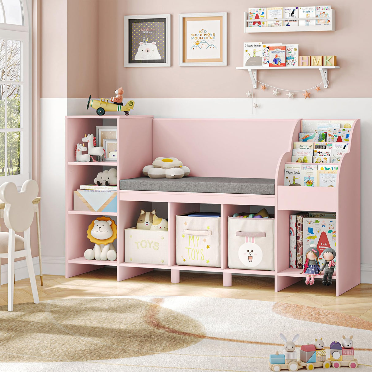 HOSTACK Pink Kids Reading Nook Bookshelf with Storage Cubbies and Bench HOSTACK